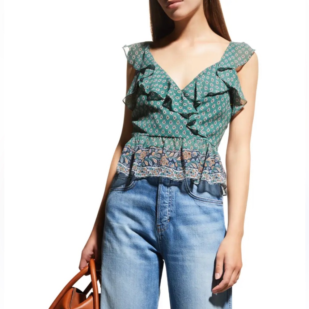 NEW Veronica Beard Randa Paisley Green Floral Ruffle Trim Peplum Silk Top